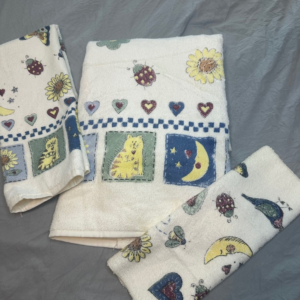 Favorite Things VTG Cotton Towel Set 3pc Cat Sunflower Moon Cottagecore Cream